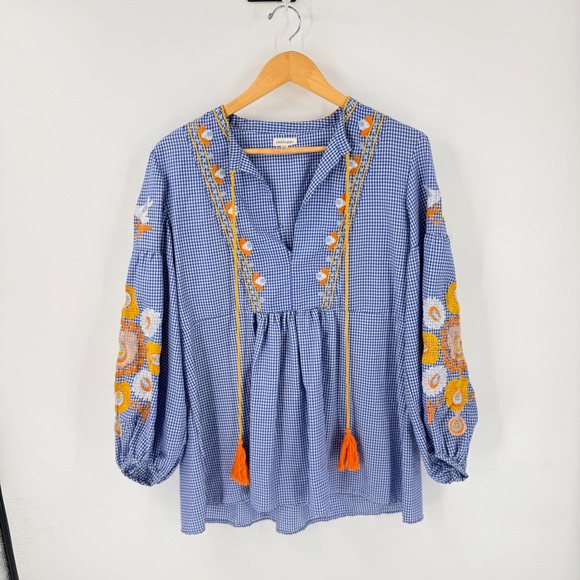 j. marie Tops - Jennifer + Grace Blue Gingham Embroidered Tassel Boho Top White Small Peasant‎